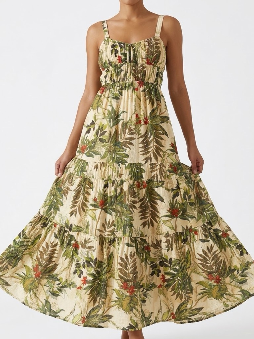 NWT Taylor Maxi Dress Womens Tan Tropical Green Floral Tiered Pockets Beach XS
